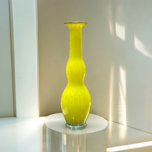 Mid Century Hand Blown Lemon Yellow Double Gourd Vase 12” Tall - Picture 1 of 11